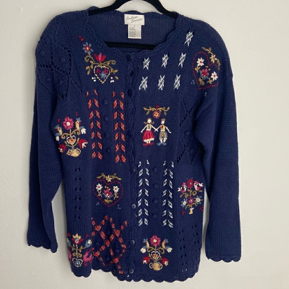 Andrea Lauren Vintage Cardigan Folklore Embroidered Chunky‎ Knit Women’s S Ramie